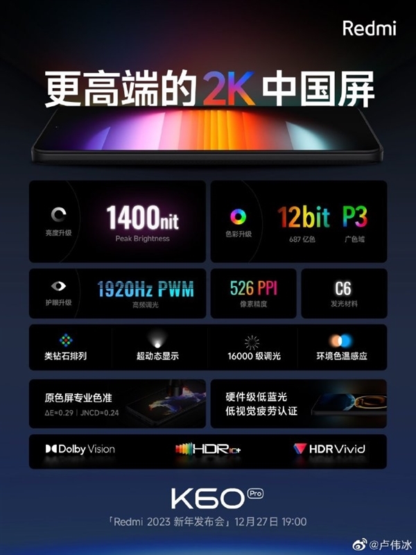 Redmi K60全系标配2K柔性屏 专家：国产技术已破局超越