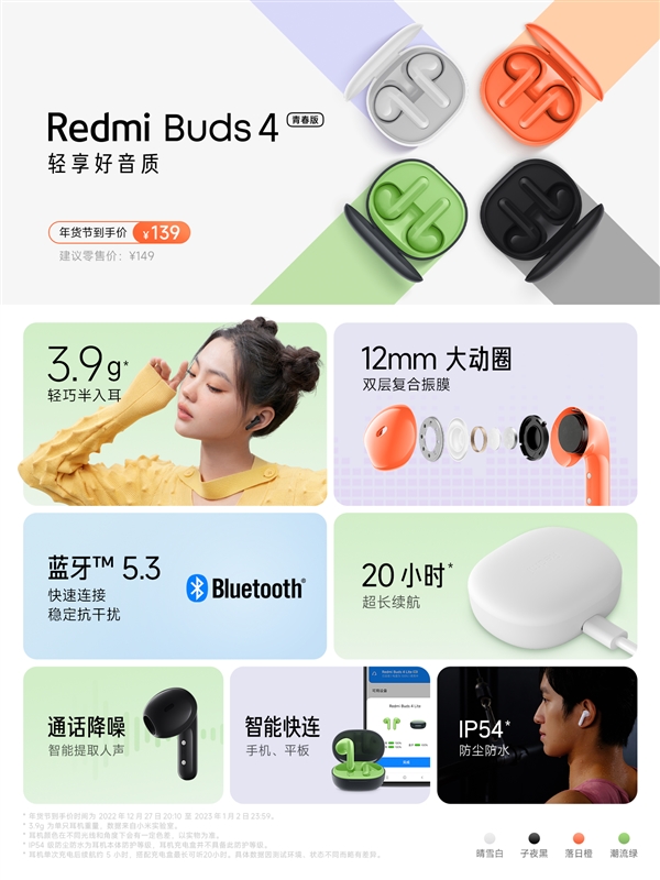 单耳轻至3.9g！Redmi Buds 4青春版正式发布：首发139元