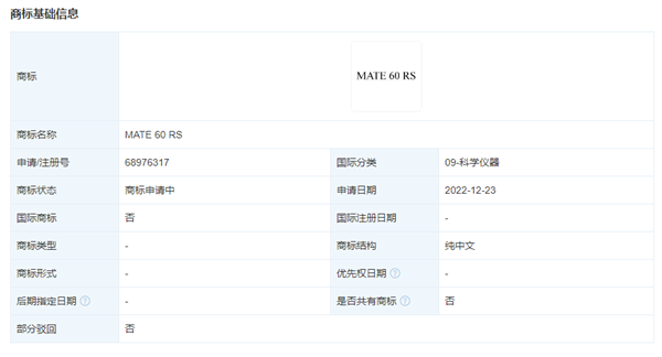 大战iPhone 15！华为Mate 60要来了：RS版商标申请注册