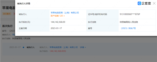 苹果上海被强制执行1.44亿：这么多年还是第一次