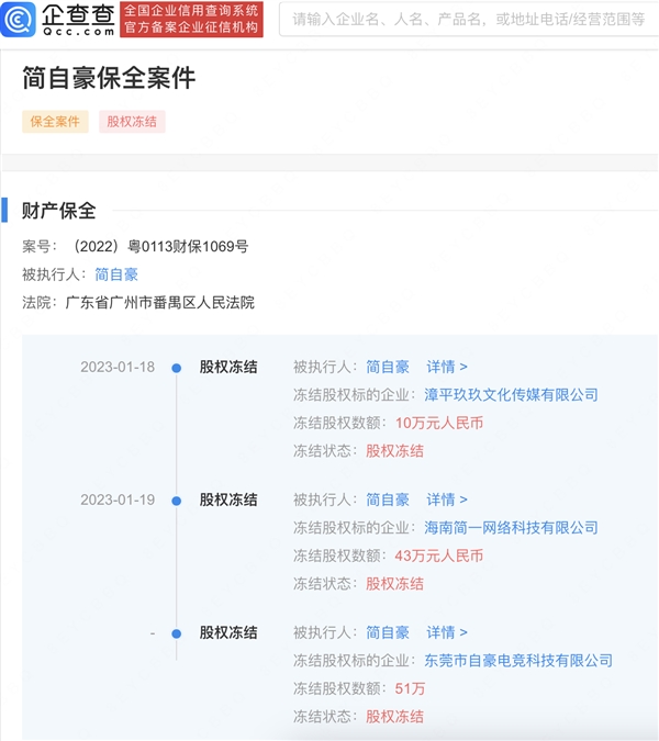 《英雄联盟》职业选手Uzi股权再被冻结！已累计被冻结104万元