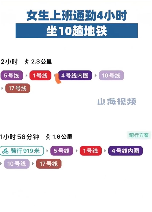 女生上班通勤花4小时：坐10趟地铁