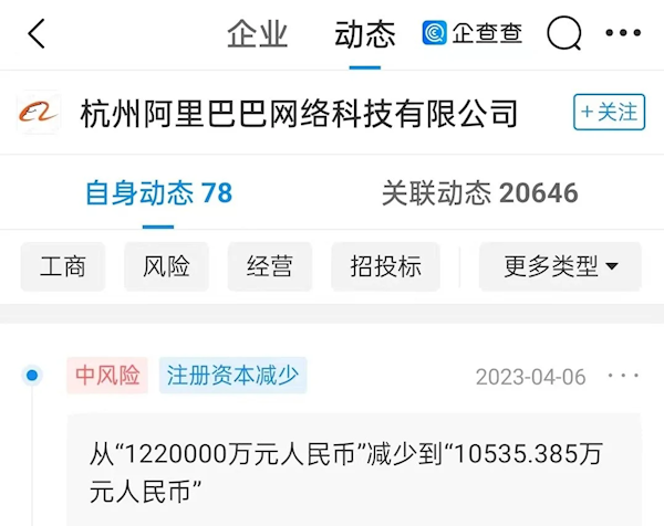 杭州阿里巴巴大动作：注资由122亿减至1亿