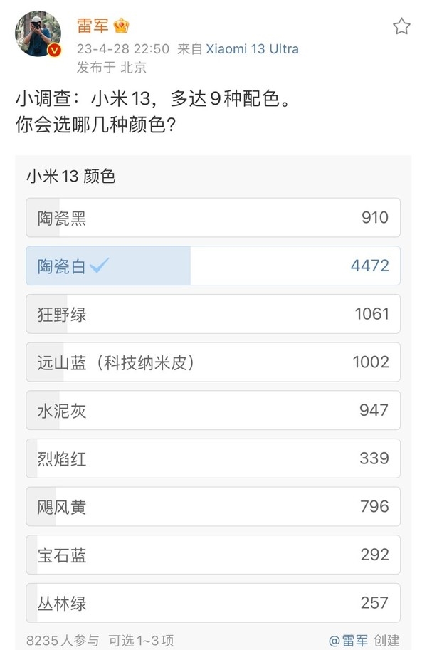雷军调查小米13九种配色哪个最受欢迎？陶瓷白绝对优势碾压
