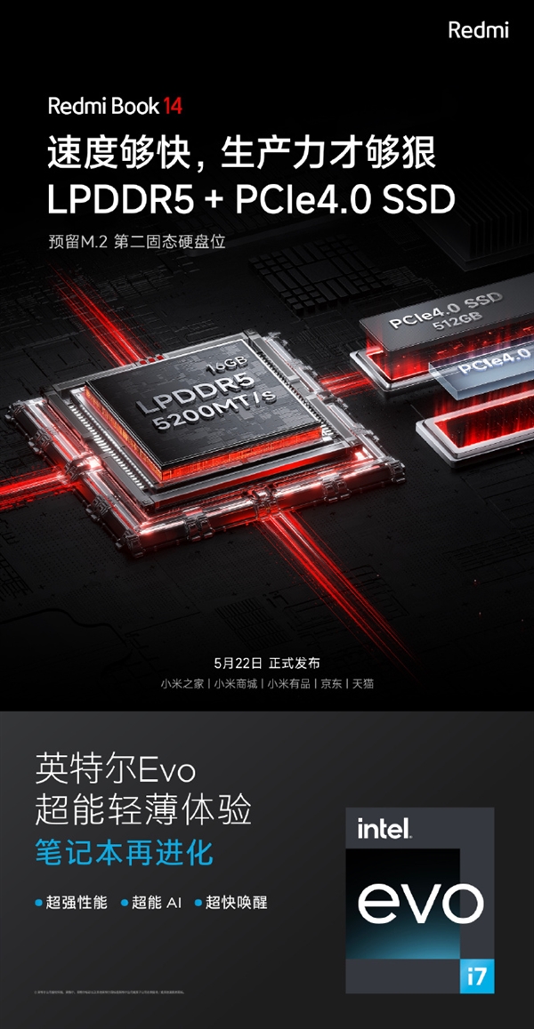 小米Redmi Book 14硬件一步到位：LPDDR5+PCIe4.0 SSD