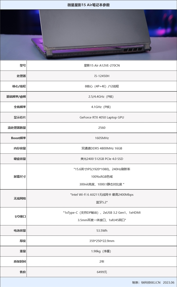 240Hz高刷搭载RTX 4050轻量化赛博朋克风游戏本！微星星影15 Air评测