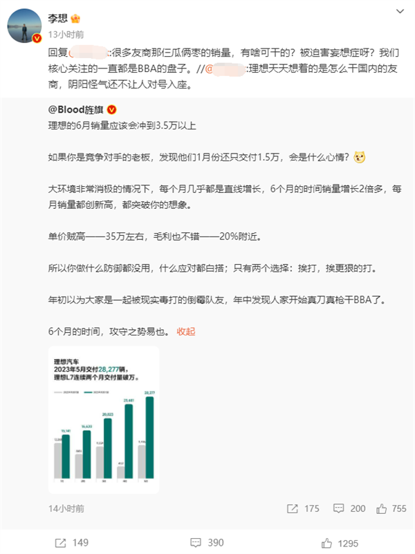 李想：很多友商那仨瓜俩枣的销量有啥可干的