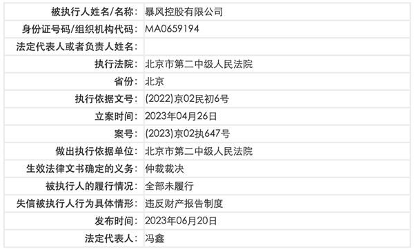 曾经的播放器“一哥” 暴风控股及冯鑫被列为老赖：强制执行数亿元