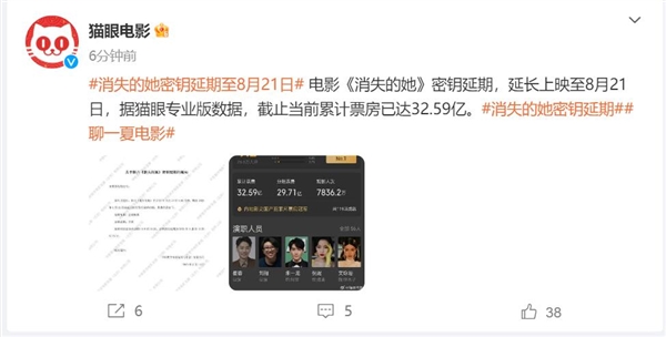 现象级爆款！电影《消失的她》密钥延期：票房超32亿