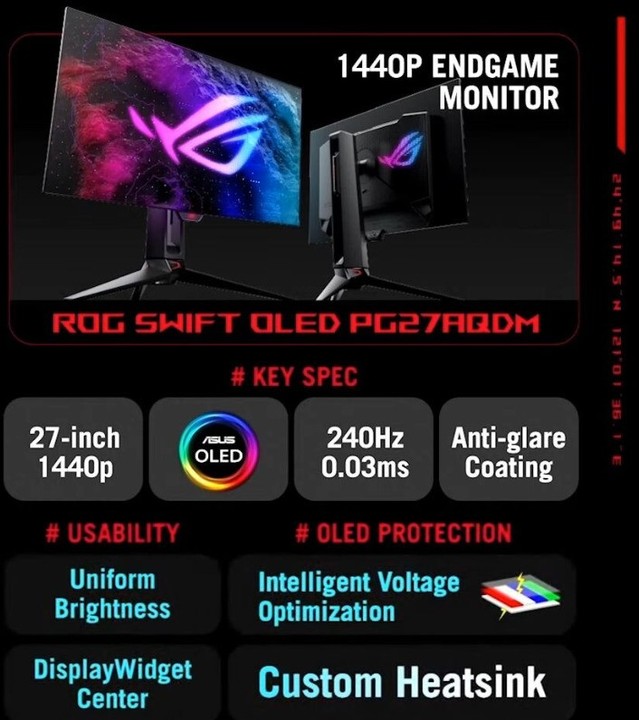 华硕 ROG 发布 27 英寸 2K OLED 显示器：0.03 毫秒响应、240Hz 刷新率