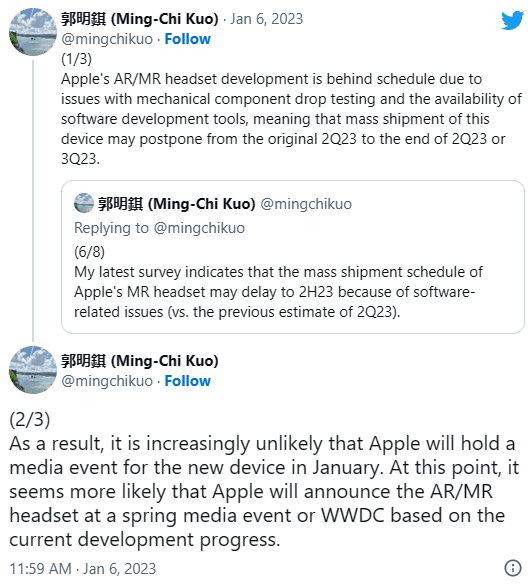 郭明錤：苹果的混合现实头显可能会在春季媒体活动或WWDC上首次亮相