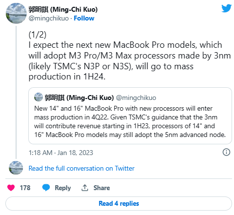 郭明錤：2024款MacBook Pro机型将配备3nm M3 Pro和M3 Max芯片