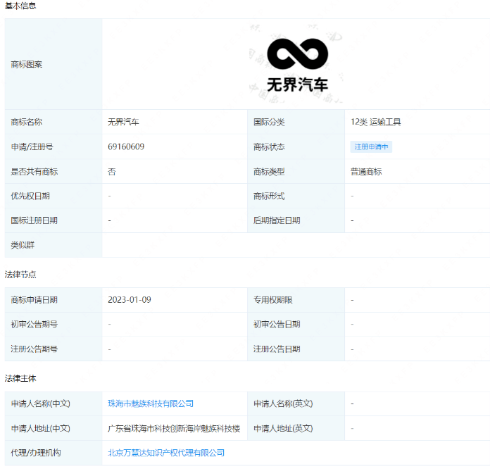 也要进军新能源汽车？魅族申请无界汽车商标