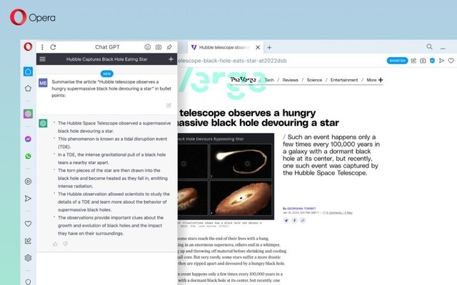 Opera正在为网页和文章摘要添加ChatGPT整合功能