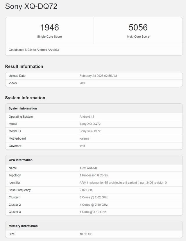 索尼Xperia 5 V现身GeekBench：16G RAM，骁龙8Gen2