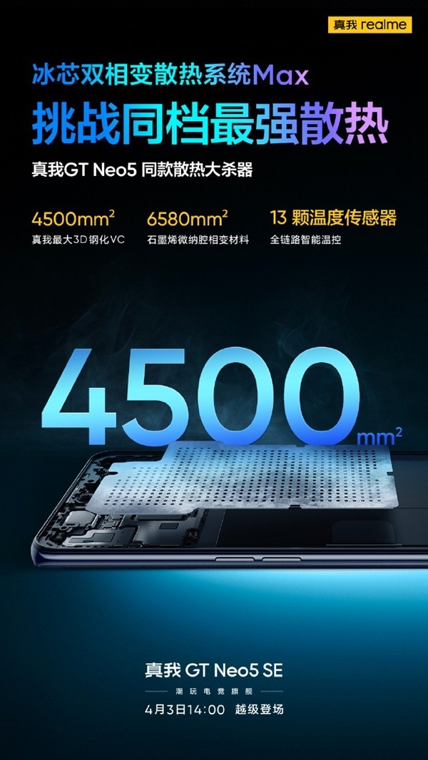 散热无敌了！真我GT Neo5 SE配4500mm2超大钢化VC、13颗传感器