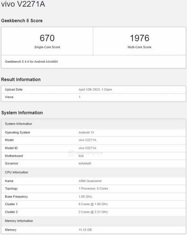 骁龙695加持！vivo Y78+亮相Geekbench：顶配12GB内存