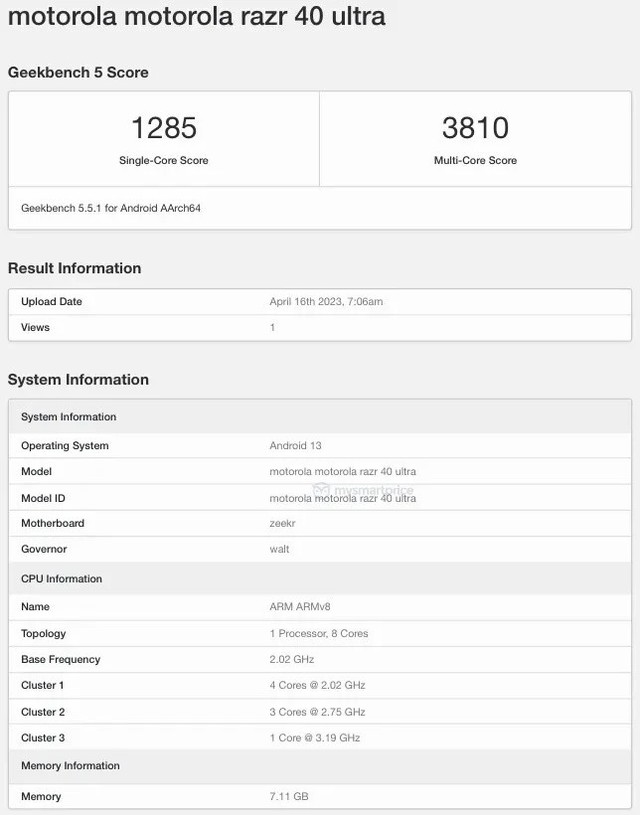 摩托罗拉Razr 40 Ultra可折叠手机跑分曝光：骁龙8+ Gen1、8GB内存