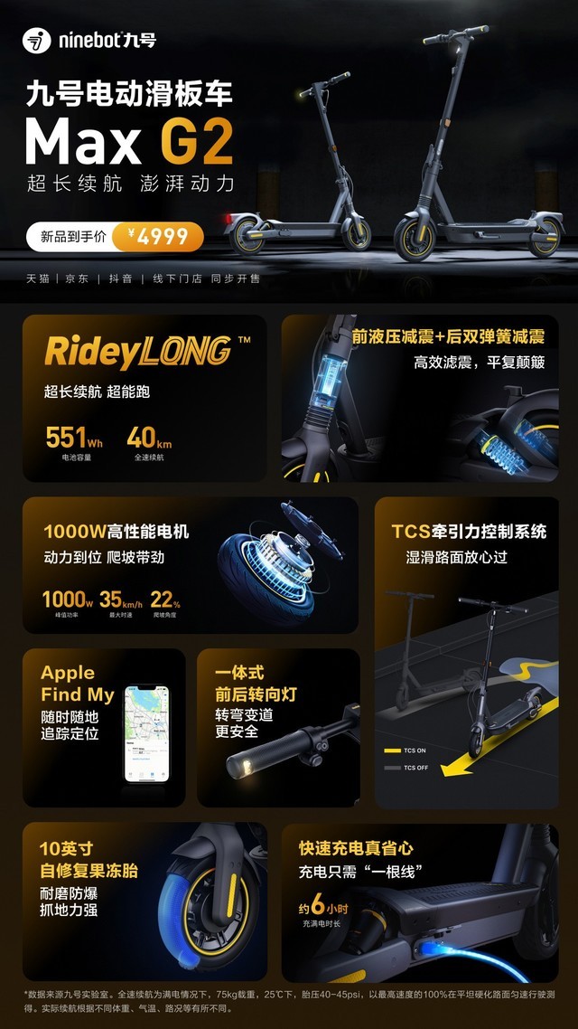 4999元！九号电动滑板车Max G2预售：续航70km