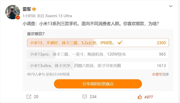 雷军微博调研！米粉选出最喜欢的手机：小米13 Ultra排第二