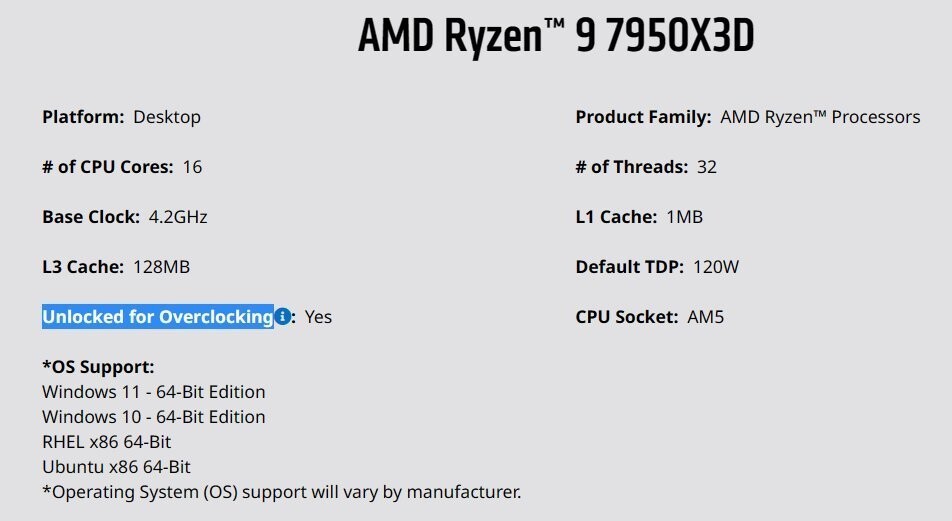 锐龙9 7950X3D和7800 X3D现身AMD产品页 并支持超频