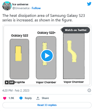 玩游戏也不热了！三星Galaxy S23系列采用均热板冷却，散热面积更大