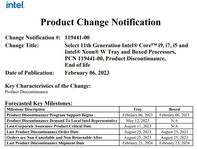 即将停产！英特尔启动第11代酷睿“火箭湖”CPU的生命周期结束流程
