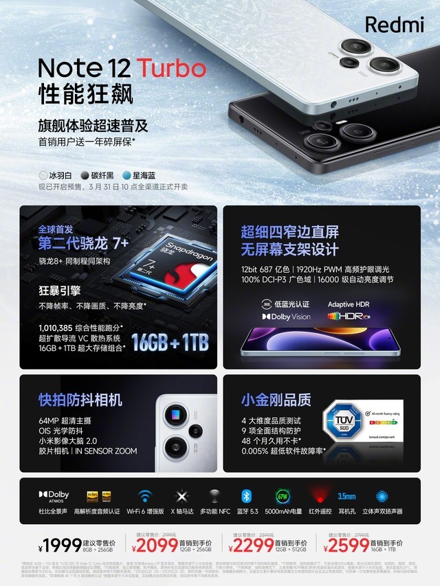 Redmi Note 12 Tubro正式发布，16GB+1TB版本2599元，配置一文看懂